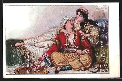 Künstler-AK Franz Doubek: Türkisches Liebespaar mit Wasserpfeife