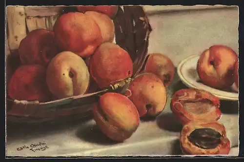 Künstler-AK Carlo Chiostri: Aprikosen angerichtet auf Teller und im Korb