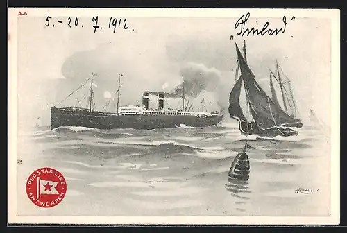 Künstler-AK Henri Cassiers: Red Star Line Antwerpen, Passagierschiff und Segler
