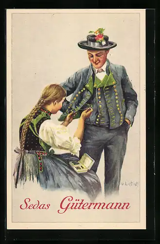 Künstler-AK Curt Liebich: Reklame, Gütermanns Nähseide, Frau flickt eine Tracht