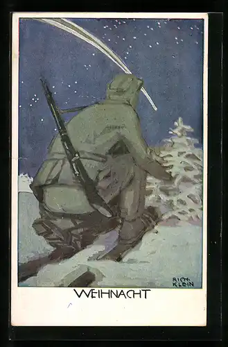 Künstler-AK Richard Klein: Weihnachtsgruss, Soldat auf Ski erblickt Sternschnuppe am Firmament