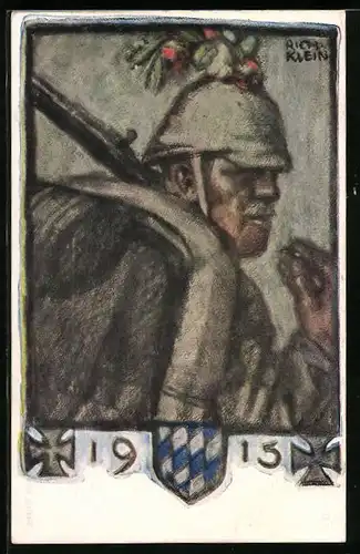 Künstler-AK Richard Klein: Soldat mit Marschgepäck, Bayerisches Wappen und Eisernes Kreuz, 1915