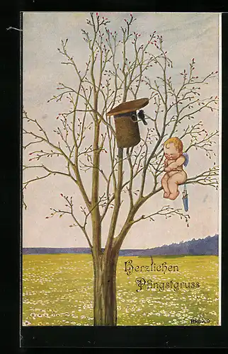 Künstler-AK Kriwub: Amor mit Vogelhaus im Baum