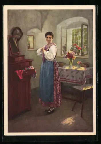 Künstler-AK Karl Maria Schuster: Reklame für Indanthren, Frau in indanthrenfarbenen Stoffen