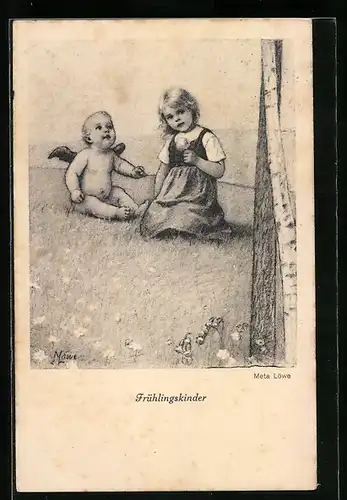 Künstler-AK Meta Löwe: Frühlingskinder-Kleines Mädchen mit einem Engel