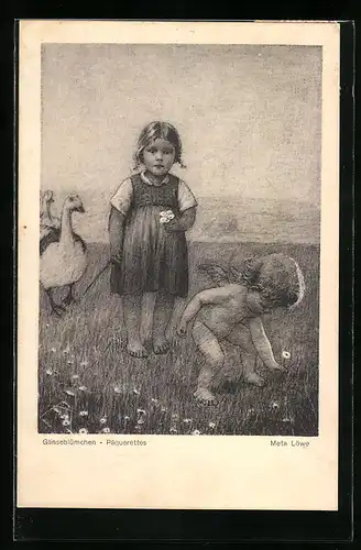 Künstler-AK Meta Löwe: Gänseblümchen, Kind und Putte