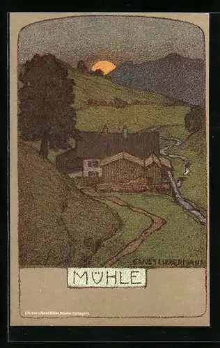 Künstler-AK Ernst Liebermann: Mühle im Sonnenuntergang