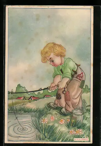 Künstler-AK Karel L. Links: Junge beim Angeln