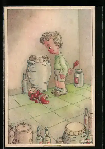 Künstler-AK Karel L. Links: Junge mit zerbrochenem Marmeladenglas
