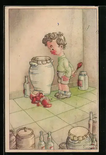 Künstler-AK Karel L. Links: Junge mit zerbrochenem Marmeladenglas
