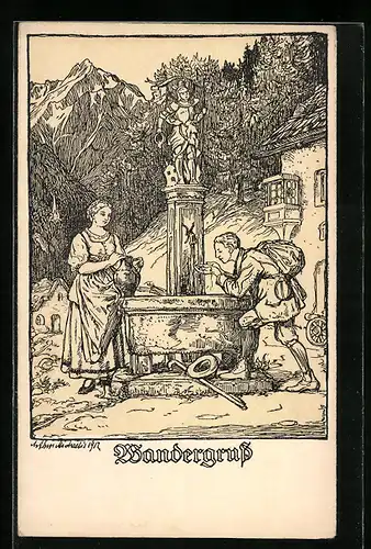 Künstler-AK Michaelis: Wandergruss, Wanderer trinkt Wasser aus einem Brunnen