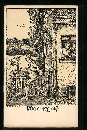 Künstler-AK Michaelis: Wandergruss, Wanderer verlässt das Haus