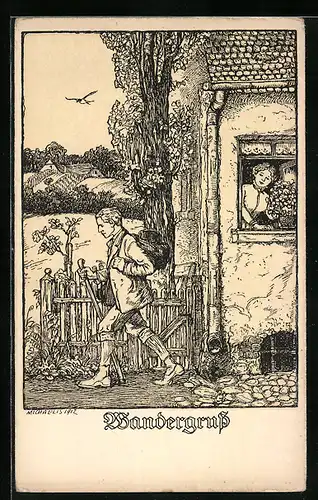 Künstler-AK Michaelis: Wandergruss, Wanderer verlässt das Haus