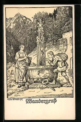 Künstler-AK Michaelis: Wandergruss, Wanderer trinkt Wasser aus einem Brunnen