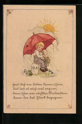 Künstler-AK Liesel Lauterborn: Knabe sitzt mit einem Schirm auf einem Stein