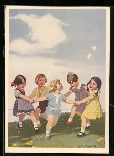 Künstler-AK W.I.: spielende Kinder in bunten Kleidern, Reklame für Indanthren-Haus Leipzig GmbH