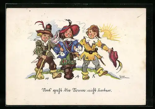 Künstler-AK Liesel Lauterborn: Drei Wanderer bei Sonnenschein