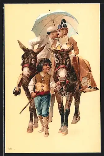 Künstler-AK Paar auf Maultieren küsst such