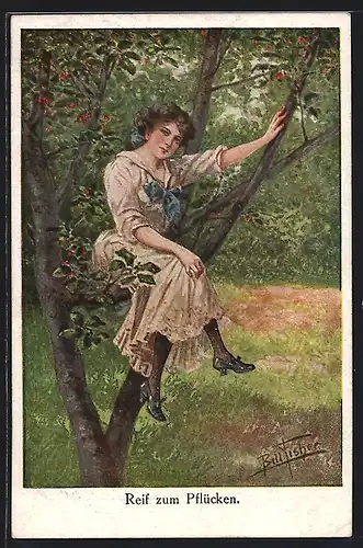 Künstler-AK Bill Fisher: Reif zum Pflücken, Frau sitzt auf einem Baum