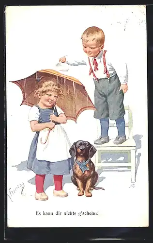 Künstler-AK Karl Feiertag: Mädchen mit Regenschirm und ihrem Dackel wird mit Wasser begossen