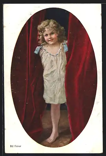 Künstler-AK Bill Fisher: Guten Morgen, kleines Mädchen kommt hinter einem Vorhang hervor
