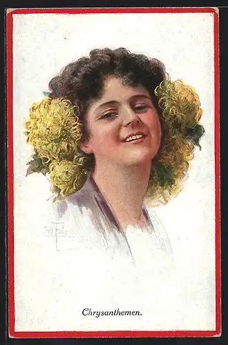 Künstler-AK Bill Fisher: Fräulein mit Chrysanthemen im Haar