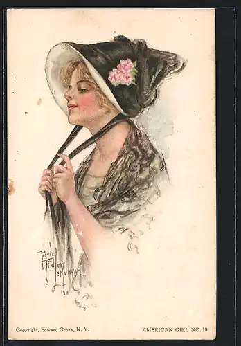 Künstler-AK Alice Luella Fidler: American Girl No. 19, Mädchen mit schwarzer Haube