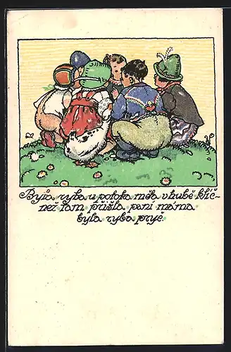 Künstler-AK M. Fischerova-Kvechova (MFK): Kinder in tschechischer Trachtenkleidung hocken im Kreis zusammen