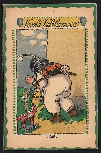 Künstler-AK Frohe Ostern mit Geschenken und Ostereiern