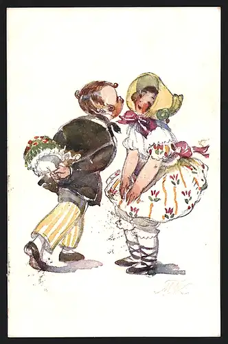 Künstler-AK M. Fischerova-Kvechova (MFK): Verliebter Bube versteckt seinen Blumenstrauss beim Küssen hinter dem Rücken