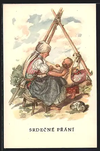 Künstler-AK M. Fischerova-Kvechova (MFK): Mutter mit Kindern an einer selbstgebauten Wiege