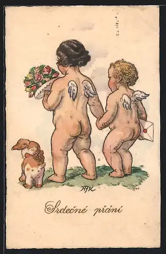 Künstler-AK M. Fischerova-Kvechova (MFK): Zwei nackte Engel mit Brief, Blumen und Hund laufen Hand in Hand
