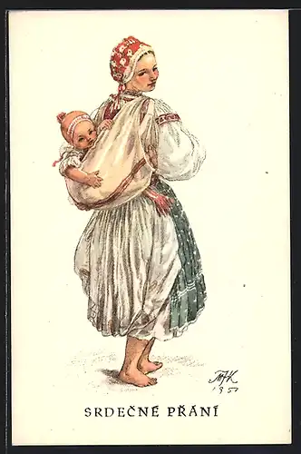 Künstler-AK M. Fischerova-Kvechova (MFK): Mutter trägt ihr Baby auf dem Rücken