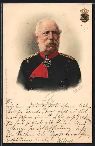 Künstler-AK Ermenegildo Antonio Donadini: Portrait König Albert von Sachsen in Uniform, Wappen mit Krone