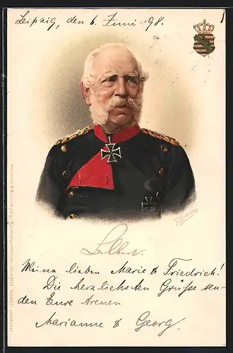 Künstler-AK Ermenegildo Antonio Donadini: Portrait König Albert von Sachsen in Uniform, Wappen mit Krone