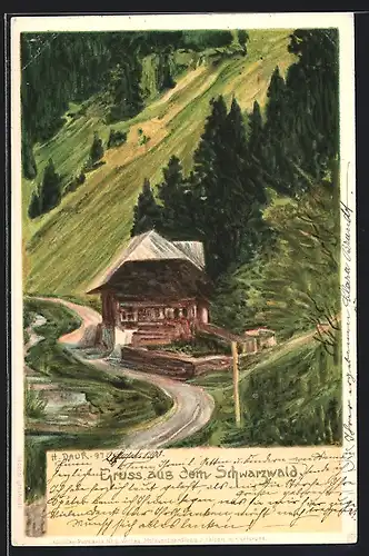 Künstler-AK sign. Hermann Daur: Schwarzwald, Haus am Fuss eines Hügels