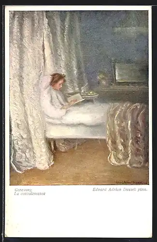Künstler-AK Eduard Adrian Dussek: Genesung, kranke Frau liest im Bett