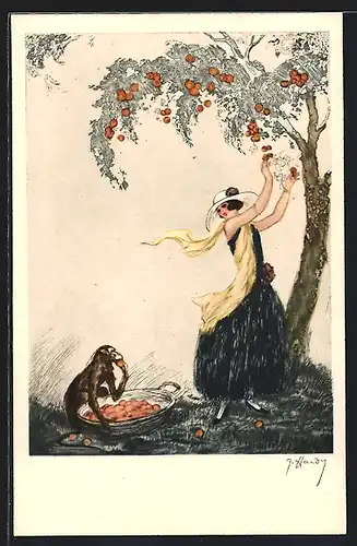 Künstler-AK J. Hardy: Frau pflückt Obst vom Baum