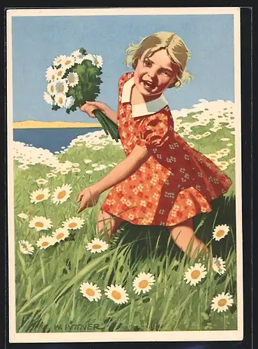 Künstler-AK W.I.: Reklame Indanthren, Kleines Mädchen in Idanthren-Kleid auf Blumenwiese