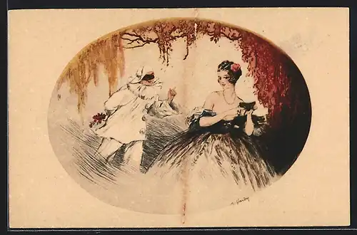 Künstler-AK J. Hardy: Harlekin mit Blumen für Frau