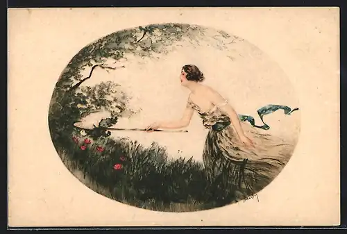 Künstler-AK J. Hardy: Junge Dame im grünen Dickicht