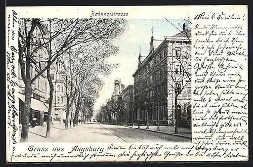 Goldfenster-AK Augsburg, Bahnhofstrasse mit Gasthof, mit leuchtenden Fenstern