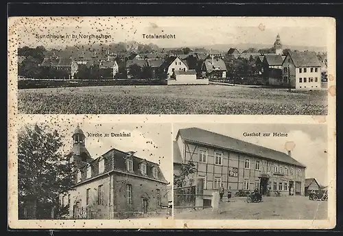 AK Sundhausen / Nordhausen, Kirche & Denkmal, Gasthof zur Helme, Totalansicht