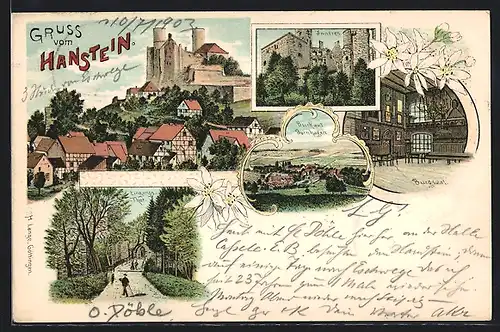 Lithographie Bornhagen, Blick zum Ort, Burg Hanstein, Burgsaal, Aussen- u. Innenansicht