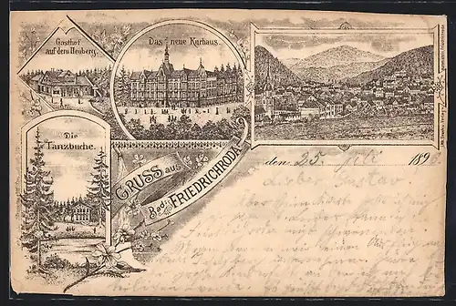 Lithographie Friedrichroda, Tanzbuche, neues Kurhaus, Gasthof auf dem Heuberg, Gesamtansicht