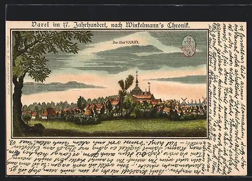 Lithographie Varel /Oldbg., Totalansicht im 17. Jahrhundert