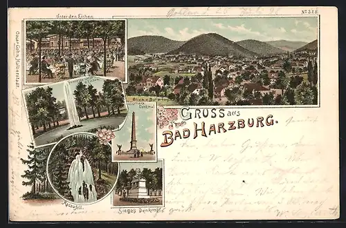 Lithographie Bad Harzburg, Gasthaus Unter den Eichen mit Fontaine, Bismarckdenkmal, Radaufall, Siegesdenkmal