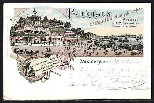 Lithographie Hamburg-St. Pauli, Fährhaus und Landungsbrücken