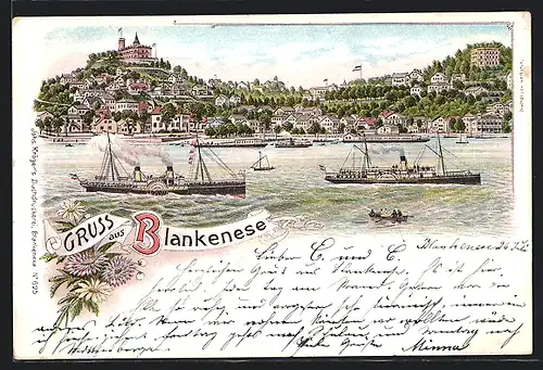 Lithographie Hamburg-Blankenese, Seitenraddampfer auf der Alster