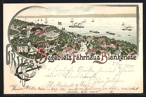 Lithographie Hamburg-Blankenese, Gasthaus Sagebiels Fährhaus und Blick über die Elbe